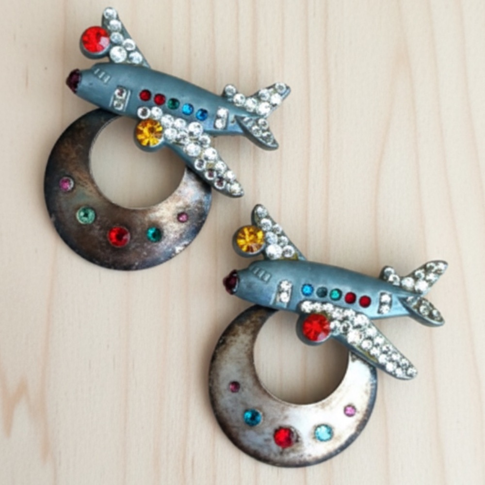 Vintage 1980’s Signed Katrina RARE Airplane Earrings with Rhinestones